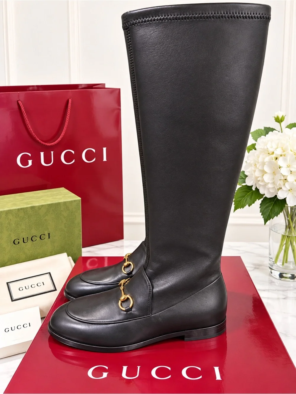 Gucci Black Leather Jordan Over-The-Knee Horsebit Boots with Gold Hardware